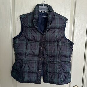 Lands’ End Down Puffer Vest - navy blue/green plaid, jacket, feather filled